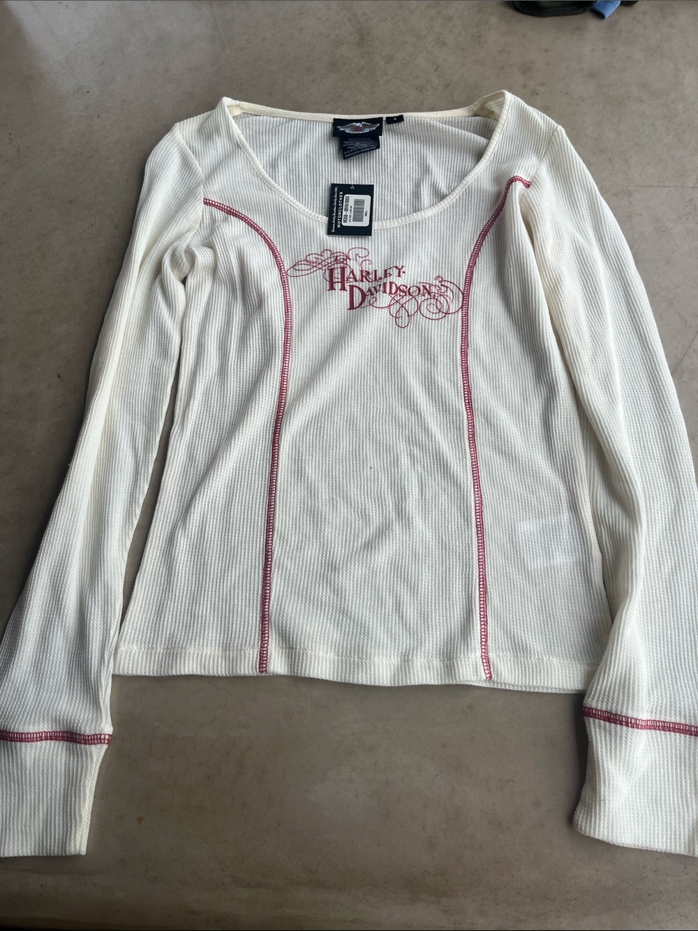 Harley-Davidson Cream Ribbed Long Sleeve Top with Red Stitching